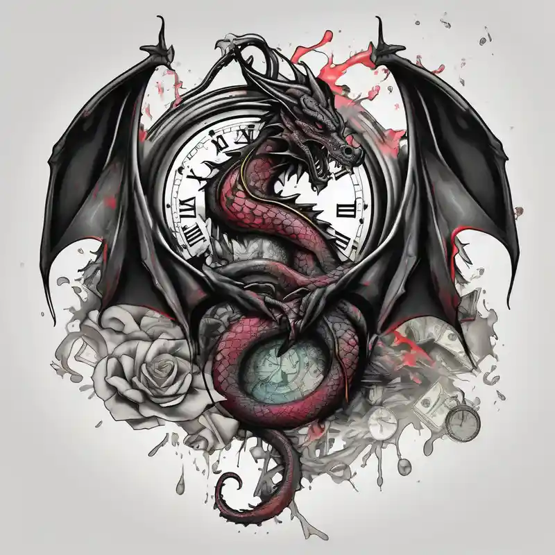 watercolor style Ideas de tatuajes de Drake en 2025 about Dark dragon tattoo with clock and dollars on background drake tattoos and Dark dragon tattoo with clock and dollars on background drake tattoos